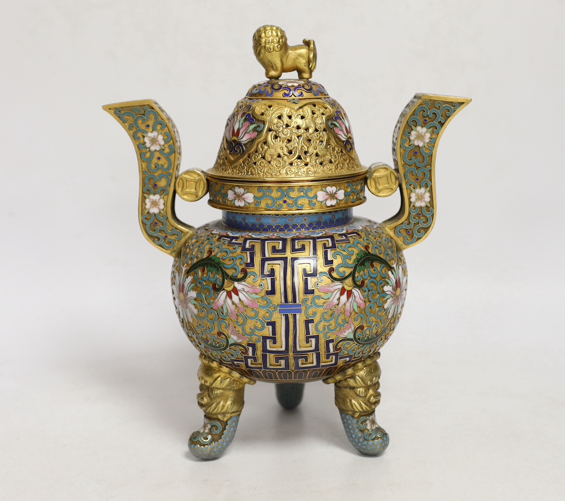 A Chinese cloisonné enamel tripod censer and cover, 22cm high including cover